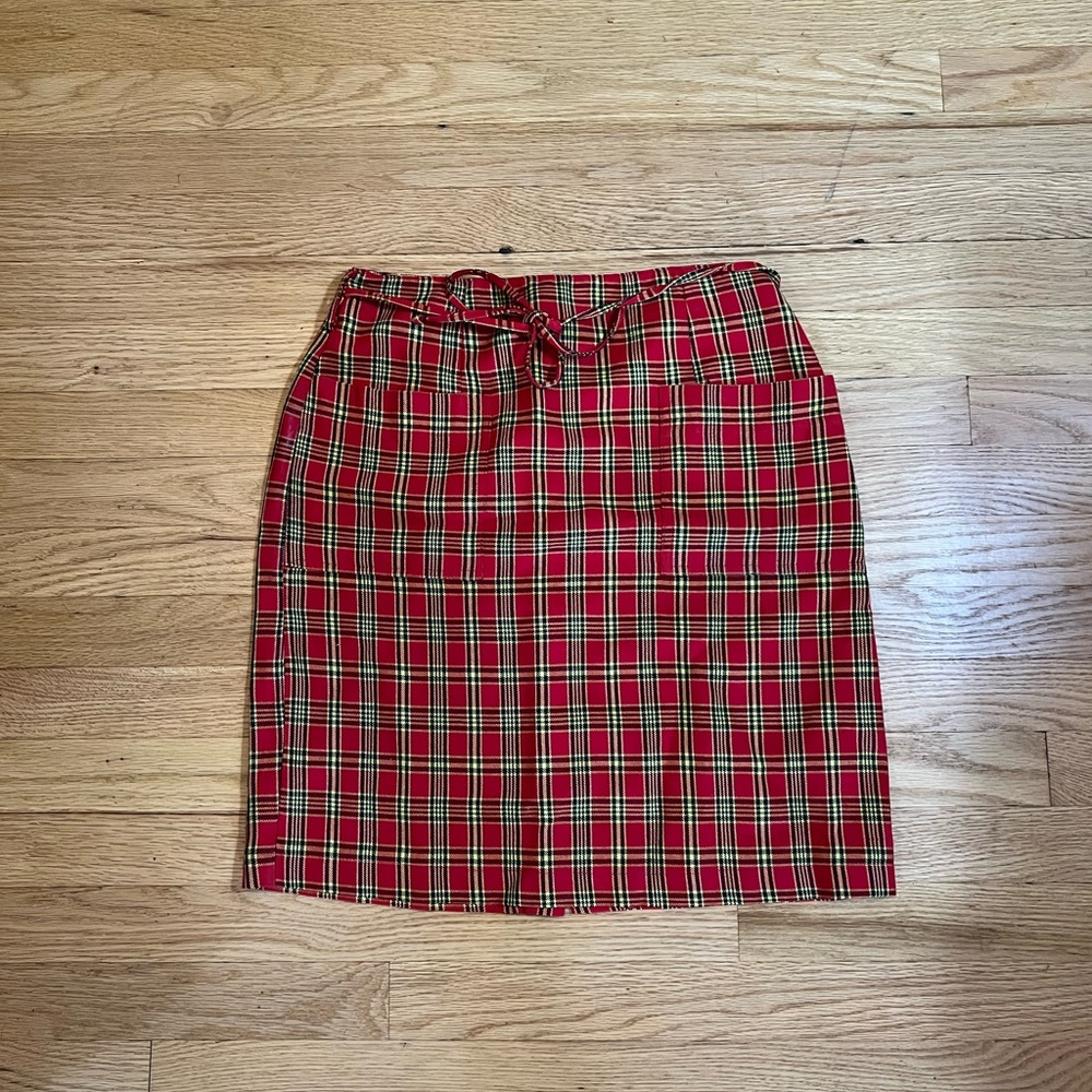 Vtg Midi Skirt Plaid Red &Yellow zipper pockets Happy Legs Brand sz 9-10 chic
